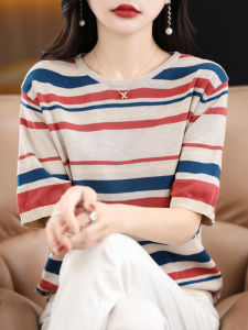 Loose Fit Cotton Knitted Short Sleeve T-Shirt round Neck Striped Lazy Style Spring Summer New Arrival Womens Fashion Top