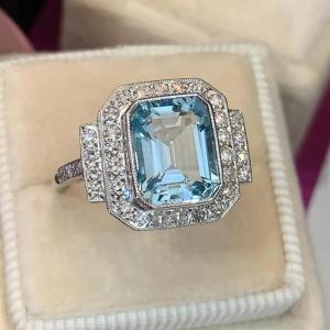 Huitan Noble Women Ring Silver Color Geometric Design Fashion Wedding Party Accessories Inlaid Blue Cubic Zirconia Chic Jewelry