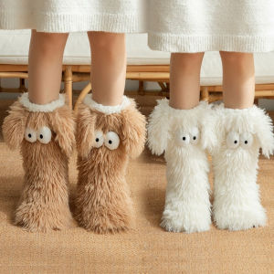 Womens Men Winter Kawaii Big Eyes Slipper Socks with Puppy Ears Cartoon Non-slip Floor Socks Warm Thickened Coral Stockings  ﻿