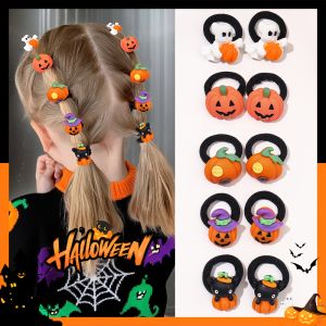 10Pcs Childrens Girls Halloween Hair Ring - Funny Pumpkin and Ghost and Bat Cat Design Suitable for Halloween Gifts for Girls