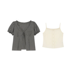 Plaid Bow Tie Blouse Lace Camisole Set