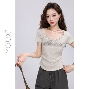 YOUXIANG | Áo Thun Nữ cổ V Mùa Hè Vintage Spicy Girl