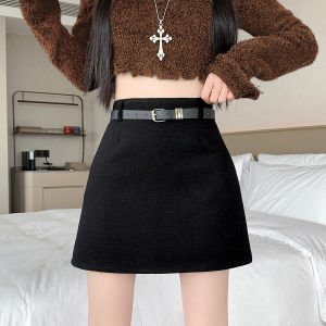 Tobab Black Woolen Mini Skirt Womens High Waist A-Line Anti-Light Casual Style Sweet Polyester Fiber Non-Iron Treatment