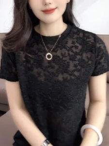 UYFY | เสื้อยืดคอกลมแขนสั้นผ้าลูกไม้โปร่งสำหรับผู้หญิง ทรงหลวม ฤดูร้อน 2025 เสื้อตัวบนทรงหลวม สไตล์สตรีท ลำลอง