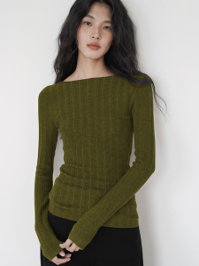 HUOLISI | Retro Elegant Style Green Off-shoulder Slim-fit Long-sleeved Top