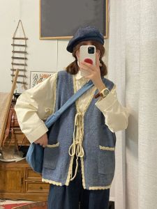 Artistic Retro Set Womens Spring Autumn New Flower Edge Knit Open Shirt Tank Top Long Sleeve Shirt Two-Piece Set Elegance