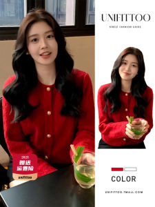 Red Knitted Sweater Womens Fashion Autumn Winter Thick Warm Long Sleeve round Neck Single Button Closure Casual Comfortable