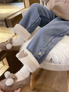 Thickened Fleece Girls Cotton Jeans One-Piece Velvet Autumn Winter Style Korean Casual Long Pants mid Waist Cotton Blend Fabric
