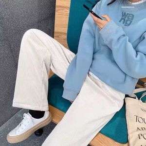 Ins Spring and Autumn plus Size Womens Clothing All-Matching Fleece-Lined Thickened Chenille Trousers Internet Celebrity Womens Loose Drooping Wide-Leg Pants