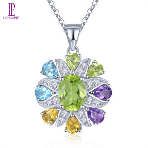 Lohaspie Jewelry Genuine 2.5 Carats 925 Silver Pendant Original Natural Peridot Amethyst Citrine Topaz Pendant Peridot Stone Pendant Wedding Pendant For Women 925 Silver Jewelry
