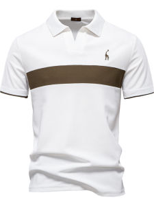New Deer Embroidered Lapel Spliced V-Neck Polo Shirt Color Block Short Sleeve Fashion Urban Style Business Casual Youth Summer