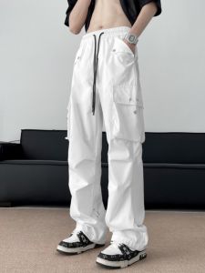 Hip Hop Style Mens Loose Wide Leg Workwear Pants Spring Summer Thin Casual Sports Trousers Trendy Brand White Straight Leg Pants