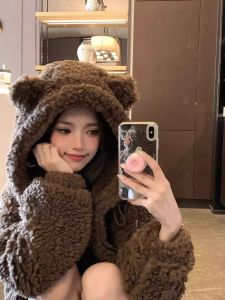 Lamb Fur Lined Thickened Hooded Jacket Womens Autumn Winter Bear Ears Cute Open Cardigan Plush Sweatshirt Casual Outerwear