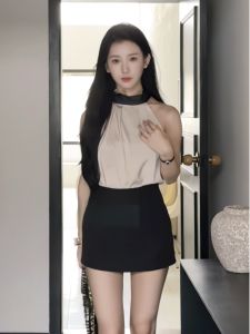 French Collar Halter Vest And High Waist Mini Skirt Fashion Set for Women Summer Outfit Chiffon Top Slimming Design