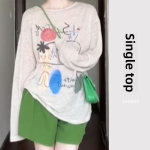 YUEZHONGWEI | Retro American Graffiti Print Long Sleeve Thin Summer T-Shirt Womens Outerwear Air Conditioning Shirt Slightly See-through Top