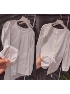 White Loose Bubble Sleeve Shirt Womens Korean Style Spring Autumn New Arrival Back Split Fashion Top for Young Women