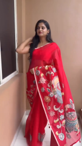 Premium Heavy Gold Linen Blooming Saree with Peacock Kalamkari Digital Print and tussle pallu
