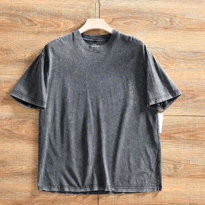 Cotton Washed Soft Comfortable Mens Summer New Wide Version round Neck Short Sleeve T-shirt Breathable Lightweight Solid Color
