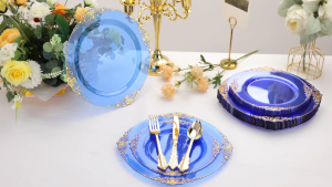 Blue Plastic Plates - Cabani Disposable Blue Gold Ornaments Party Plates with Cutlery for 25 Guests