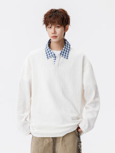 WUKONGYOUHUO | Retro Textured Two-piece Style Loose Fit Mens Polo Neck Sweatshirt