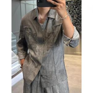 Summer Mens Long Sleeve Shirt Lightweight Breathable Silk Linen Charcoal Grey Luxury Casual Outerwear Thin Style Fashionable