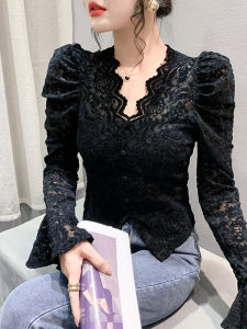 เสื้อเชิ้ตคอวีแขนยาวผ้าฟองน้ำลายลูกไม้สำหรับผู้หญิง เสื้อเชิ้ตแฟชั่นฤดูใบไม้ร่วง/ฤดูหนาว เสื้อเชิ้ตแขนยาวทรงเข้ารูป ดีไซน์เก๋ไก๋