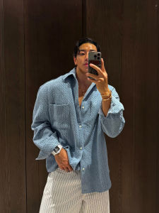 DAVID&ME | Light Blue Honeycomb Texture Turn-down Collar Long Sleeve Casual Loose Mens Shirt