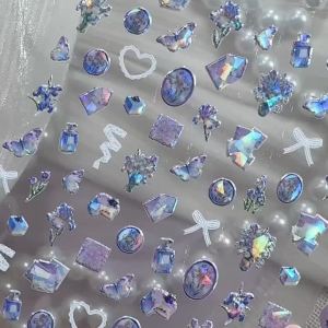 1Pcs 5D Holographic Flower Butterfly Nail Stickers White Lace Bow Heart Adhesive Nails Decals Aurora Round Gem Manicure Slider