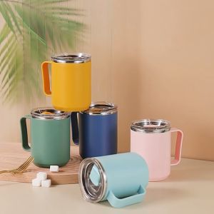 แก้วกาแฟแก้วน้ำ สแตนเลส304 มีมือจับ สีพลาสเทล450ml เก็บความเย็น-ร้อน มีพร้อมฝาไห้ เครือบพลาสติก ins mug handy