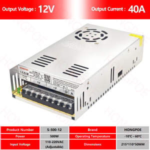 AC to DC Adjustable Power Supply S-500W Series 12V/24V/36V/48V DC 40A/20A/14A/10A Industrial Grade for LED Motor Battery CCTV
