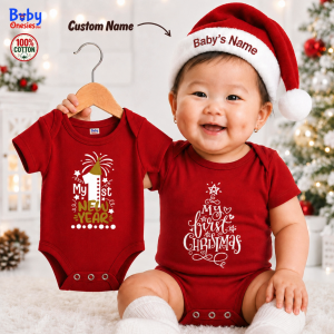 Christmas Baby Onesie Personalized Santa Hat | My First Christmas NewYear Baby Bodysuit 100% Cotton 0-12M