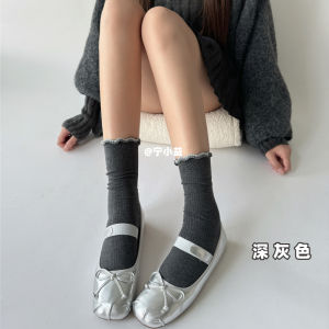 Ning Xiao Yi Womens Mid-Calf Socks with Wood Grain Edges Autumn Winter Spring No-Cuff JK Style Cotton Roll Edge Short Socks