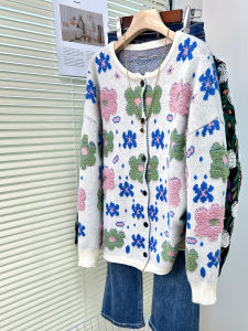 QINGNAER | Gentle Jacquard Embroidery Color Block Reducing-Age Soft Large Size Womens Cardigan