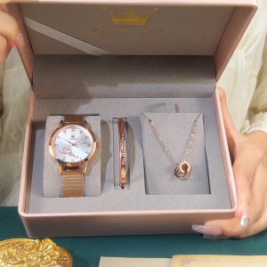 OLEVS Jam Tangan Wanita Anti Air Original Terbaru 2025 Hadiah Mewah Set Anti Karat Kalung Gelang Elegan Kalender Analog Women Watch Set