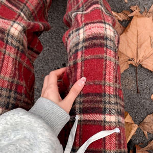 Red Plaid Fleece Lined Wide Leg Pants High Waist Draped Casual Autumn Winter Cotton Trousers Womens Floor Length Woolen Straight Leg Trousers