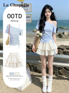 La Chapelle | Off-Shoulder Rope-Waist Top and Short Skirt Sweet Set