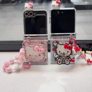 Sanrio | Sanrio Hello Kitty Pendant Strap + Stand Holder + Hinge Protect Case for Samsung Galaxy Z Flip 8 7 7FE 6 5 Cute Cartoon Cover