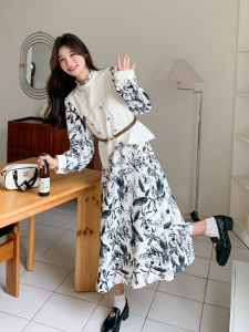 Autumnal Water-Mark Print Midi Dress Womens Casual Style Long Sleeve Faux Two-Piece Gown Standard Fit A-Line Fairy Skirt