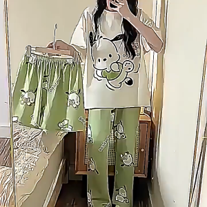 Ruige The Treasure of Town Store 2025 New Womens Summer Sleepwear Ins Style Loose Plus Size Short and Long Pants Home Clothes Can be Outdated Summer Three piece Set Cartoon