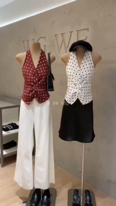 [SẴN LOẠI 1] Linen xước 2 lớp Áo cổ yếm xoắn eo khoá kéo hông màu đỏ trắng đen chấm bi gợi cảm cá tính WGWE W9707