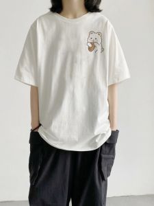 INS Japanese Style Super Popular Harajuku Biscuit Bear White Short Sleeve T-Shirt Female Pure Cotton Niche Design Half-Sleeved Loose Tops