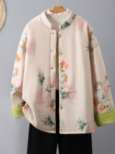 Retro Cotton Jacket Chinese Style Stand Collar Warm Artistic Print Loose Cotton Coat Women Casual Commute Long Sleeve Winter Outerwear