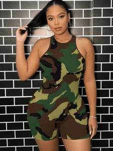 Bộ Jumpsuit Nữ Kiểu Dáng Quân Đội Không Tay Cạp Cao Ôm Dáng Thời Trang Đường Phố Mùa Hè Chất Liệu Polyester Thoáng Khí