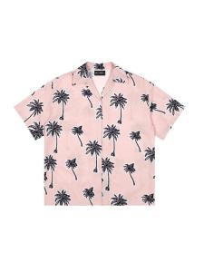 Hawaii Coconut Tree Print Pink Short Sleeve Mens Summer Loose Beach Vacation Handsome Couple Shirt Casual Style Flip Collar