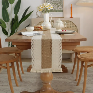 1 PC Color Block Fringe Table Runner Hollow Polyester Cotton Tabletop Tassels Rustic Vintage Table Decor
