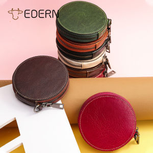 EDERN Round Genuine Leather Coin Purse for Women Retro Cute Zipper Clutch Bag Cowhide Wallet Coin Pouch Mini Storage Bag