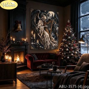 VIKAMA Dark Skeletal Lovers Arched Window Yuletide Wall Tapestry Noir Victorian Romantic Festive Room Home Decor Vibrant Art