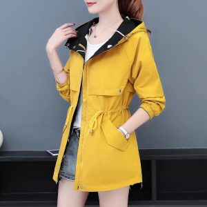 Double-Sided Yellow Lightweight Spring Autumn Womens Jacket Loose Fit Windbreaker Thin Polyester Fiber Long Sleeve Zipper Closure