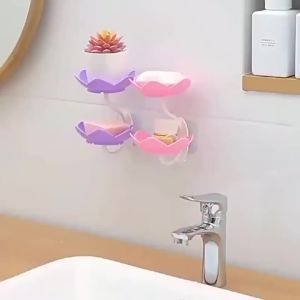【D】Double Layer Lotus Soap Dish Punch-Free Wall Mounted Easy Install Non Slip Soap Rack for Kitchen Sink Side