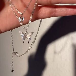 Silver Butterfly Necklace Double Layer Imitation Pearl for Women Shiny Zircon Butterfly Pendant Delicate Necklace Jewelry Clavicle Chain Double Layer Clavicle Chain Jewelry Accessories Valentines Day Gift(Gold)